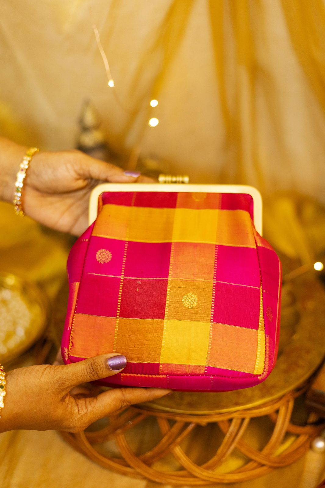 Small Damru Kandangi kattam Mango yellow with pink and kumkum color