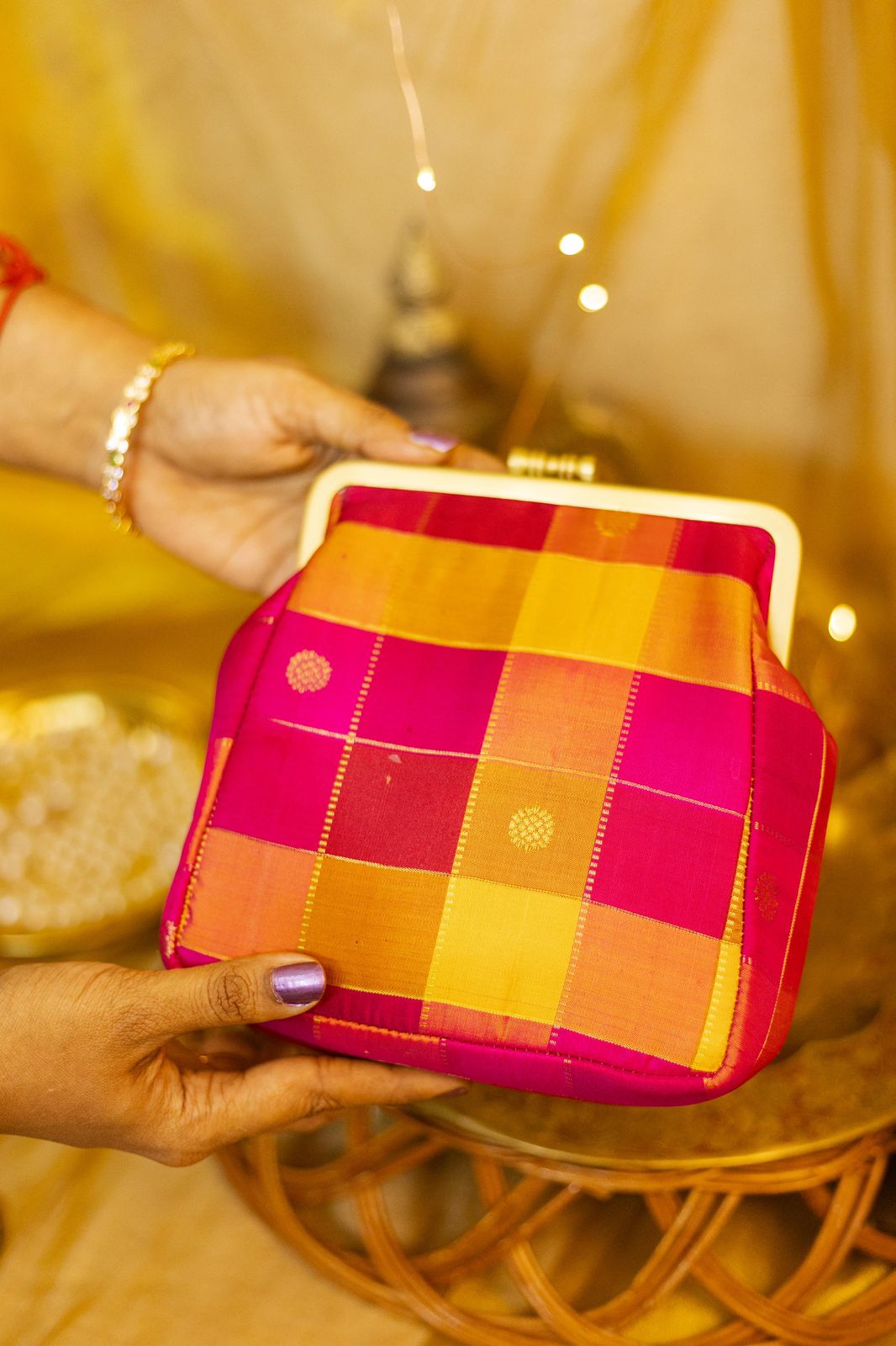 Small Damru Kandangi kattam Mango yellow with pink and kumkum color